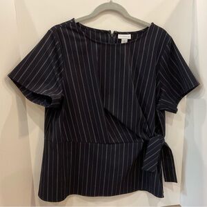 NWOT Liz Claiborne Navy Pinstripe Peplum, Faux Wrap Tie, Short Sleeve Top